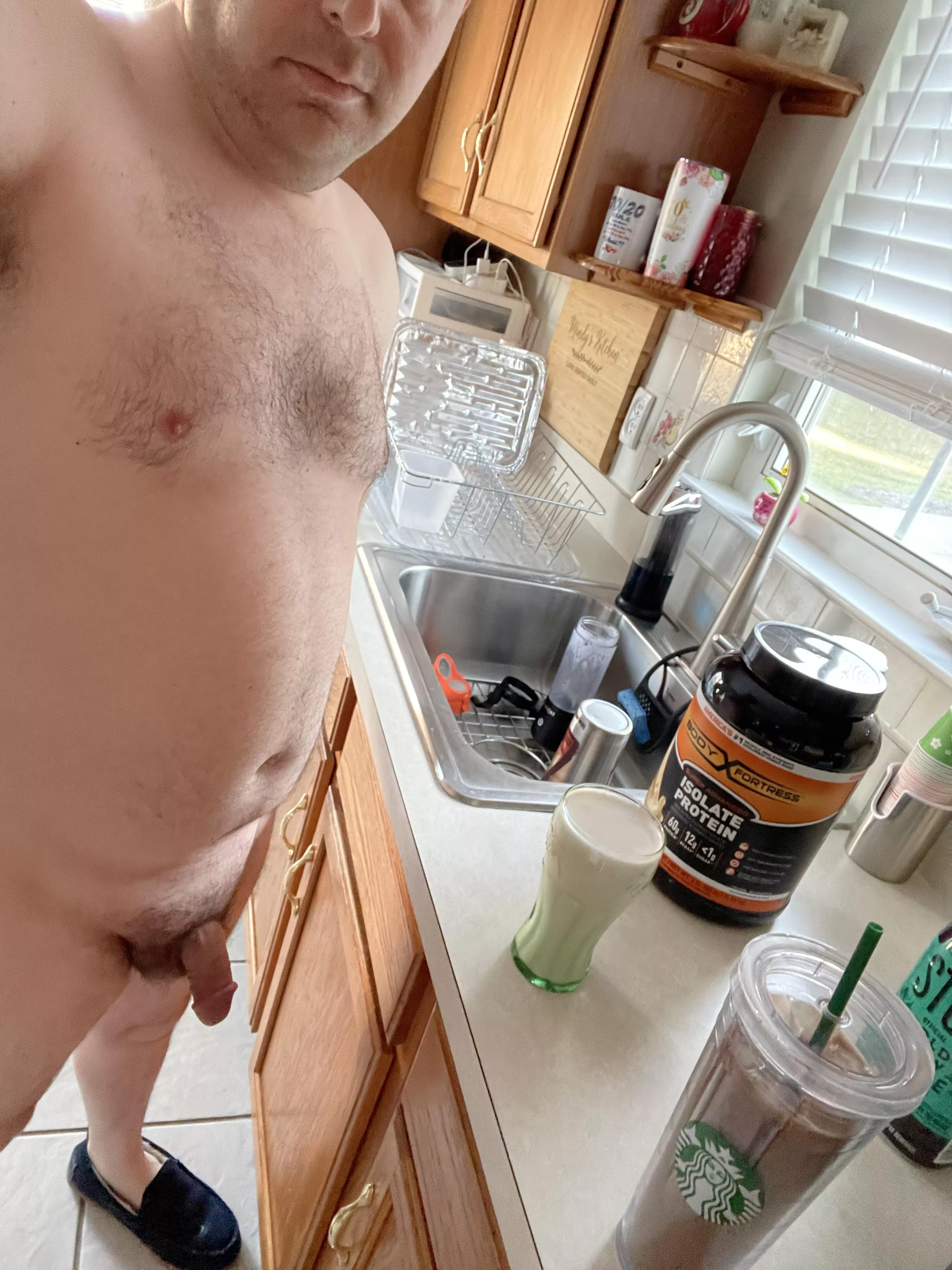 Time to start the day… breakfast shake and a coffee! Good morning nudists!  posted by Buster912