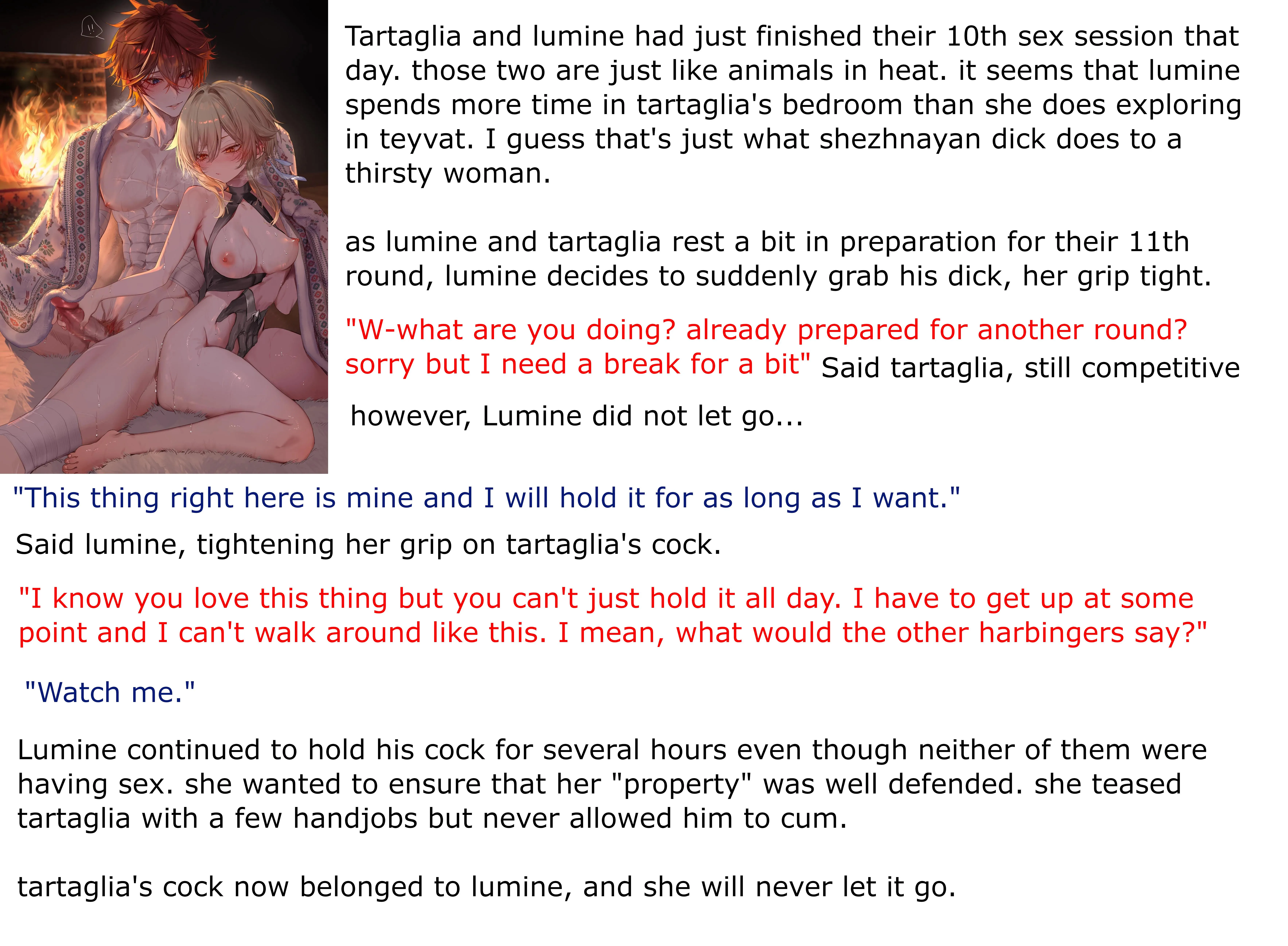 Lumine is holding on... [Genshin Impact] [Lumine] [Tartaglia] [Hetero] [Handjob] [Dick-Holding] [After Sex] [Short Story] posted by NSFWilliam69