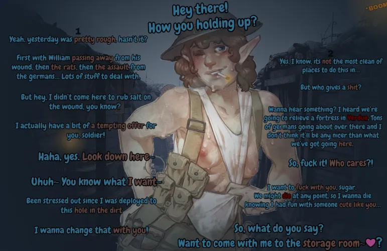 You found yourself in the trenches of World War 1. It was another night on the western front, but then one of your fellow soldiers approached you with an offer… [Neutral POV] [Female] [WW1] [Imminent sex] [Imminent danger] Artist [qsy] by JPowo123