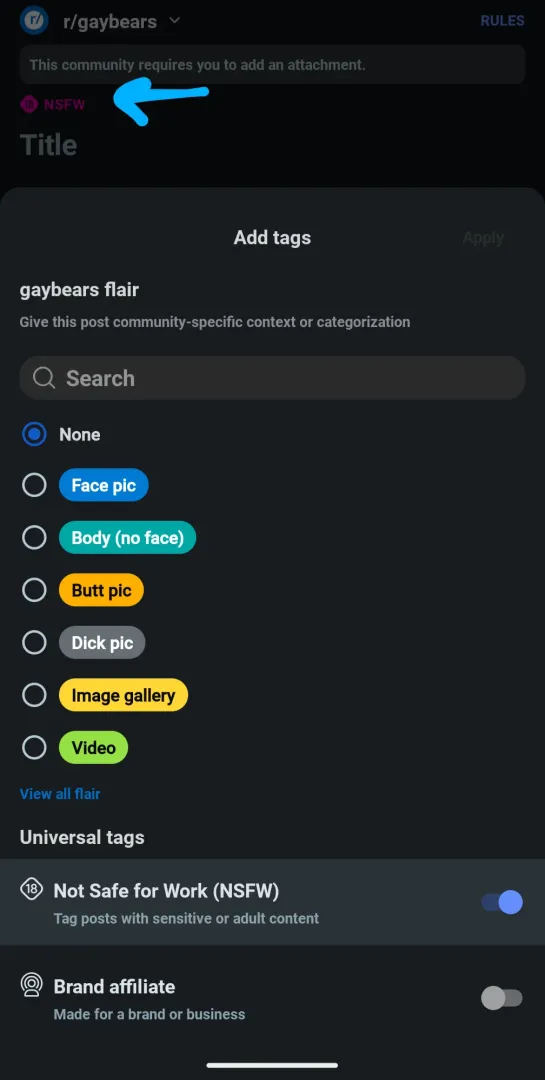 Android app users: Tap NSFW to select post flairs posted by pig4big