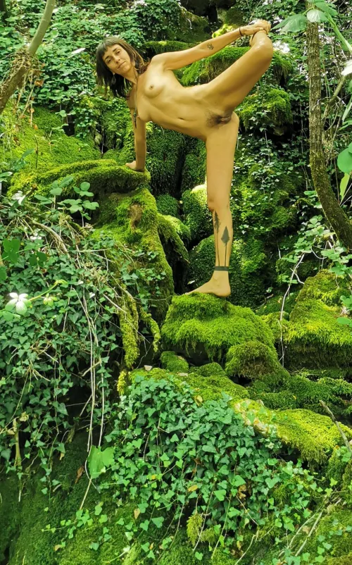 Stretching my tired legs after hiking naked in the woods by LeylaLowe