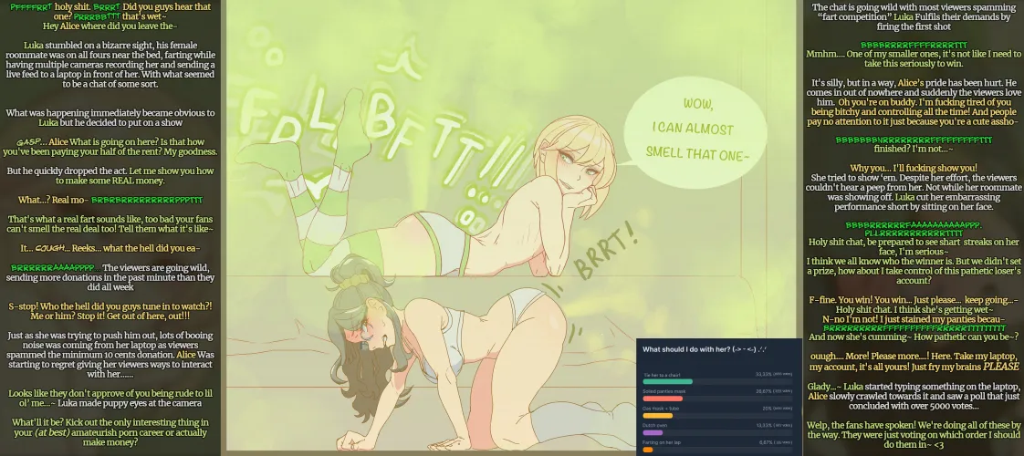 Luka barges in on Alice's fart fetish stream and decides to take over~ [femboydom] [face farting] [fart competition of sorts] art by @beefpyro on tw by karmo_2567