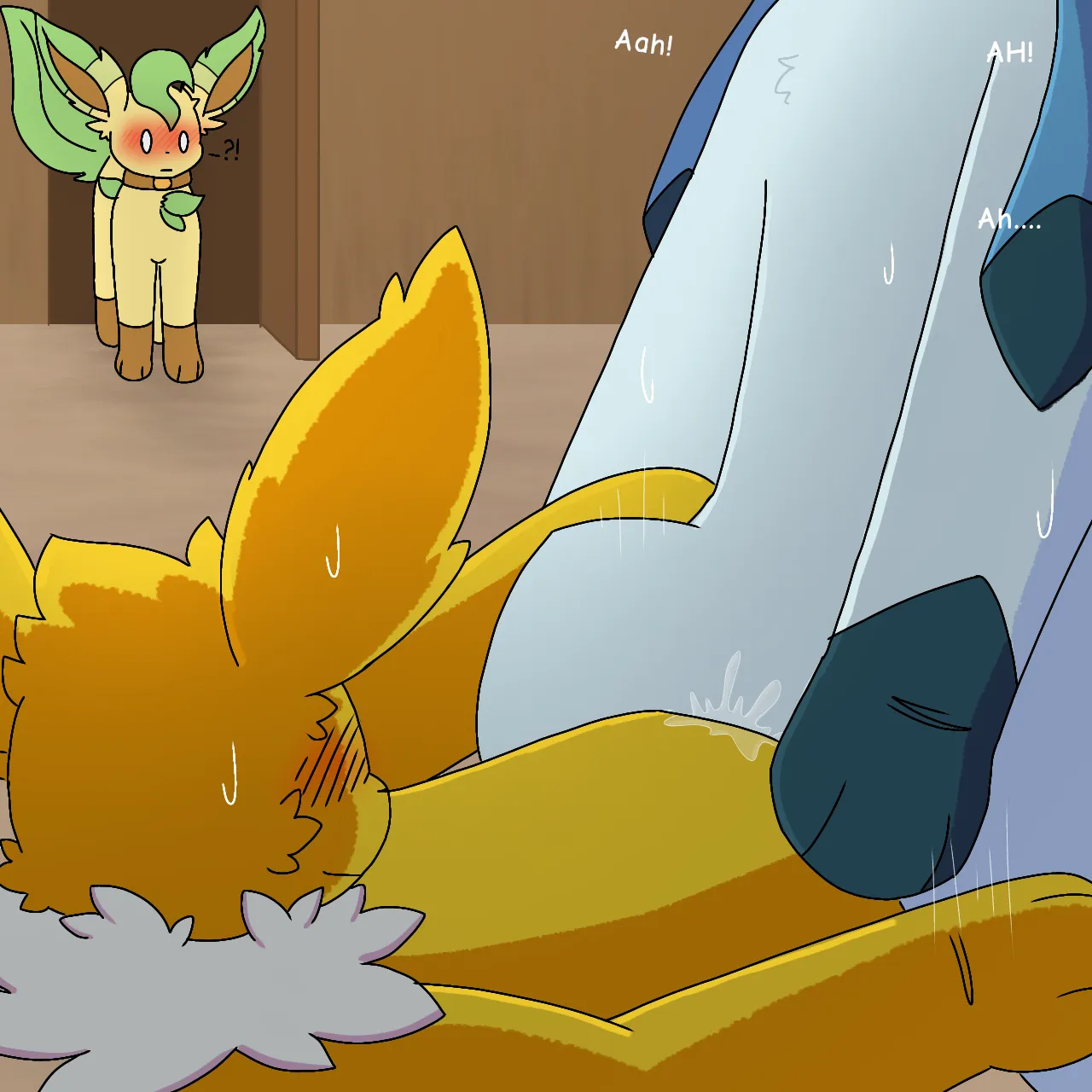 Leafeon walking in on some heated eevee making cowgirl position action between jolteon and glaceon [M/F] (leafy green) posted by TheDarkLordScaryman