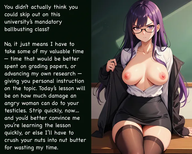 You thought you could skip ballbusting class? [AI Image] (punishment81 on ImageFap) by MasticatrixPenalty