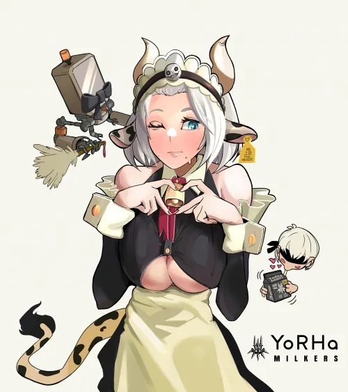 Yorha Milkers are available at your nearest camp machine! Have a drink! 🐮(art by me! - @kupdoodles) by kupdoodles