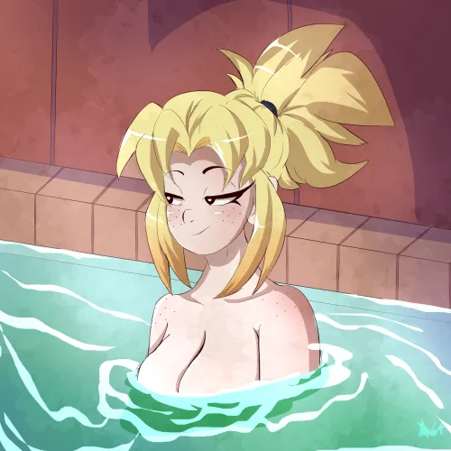 One of my main characters, Elizabeth (Liz) enjoying some time in the Hot spring. And the pool itself is pretty big too~ by Kefy_Redstar