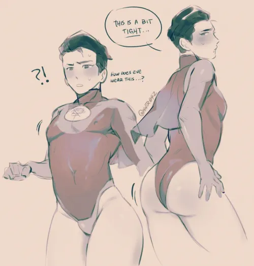 Invincible try’s on Atom Eve’s clothes by Gamergod7865