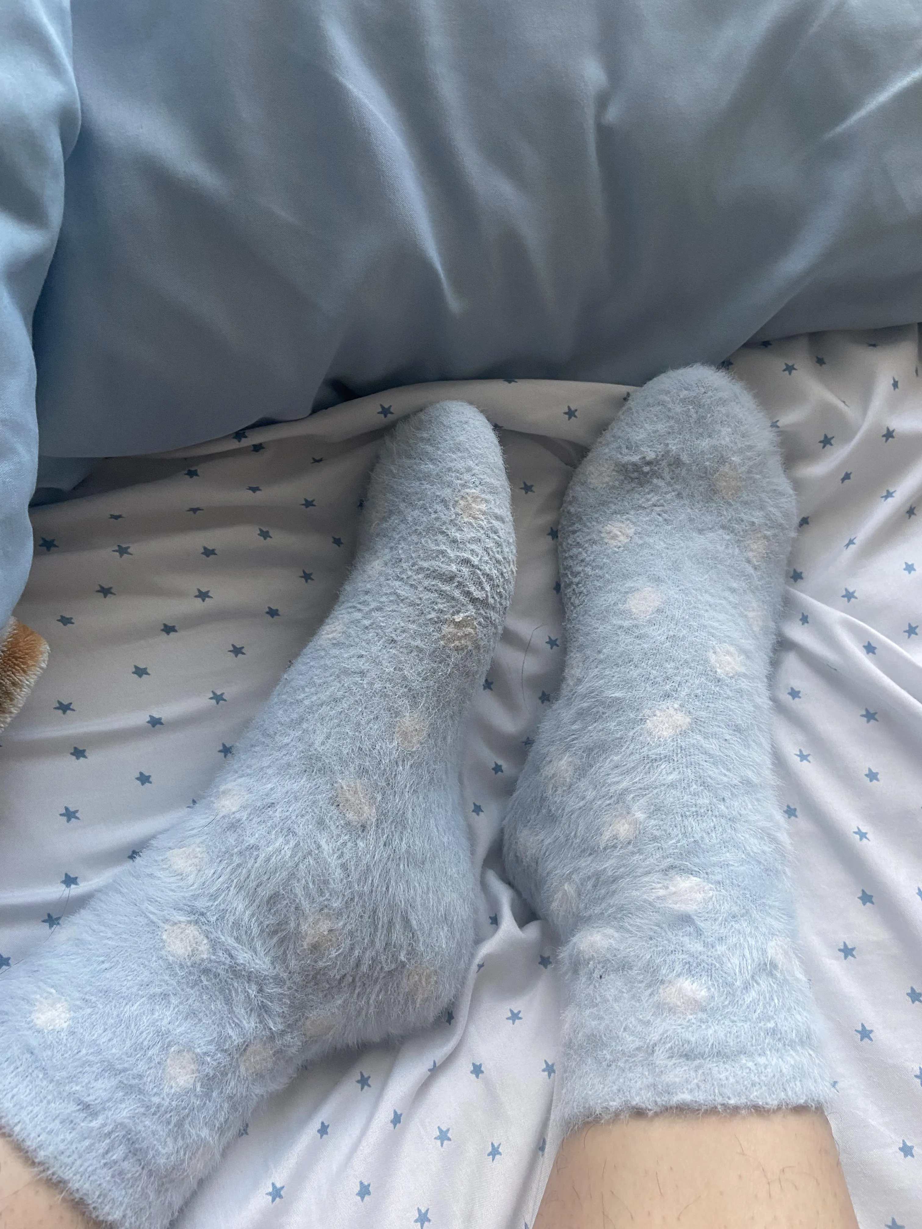 love being cozy in bed with my fuzzy socks posted by cellyoursoulx