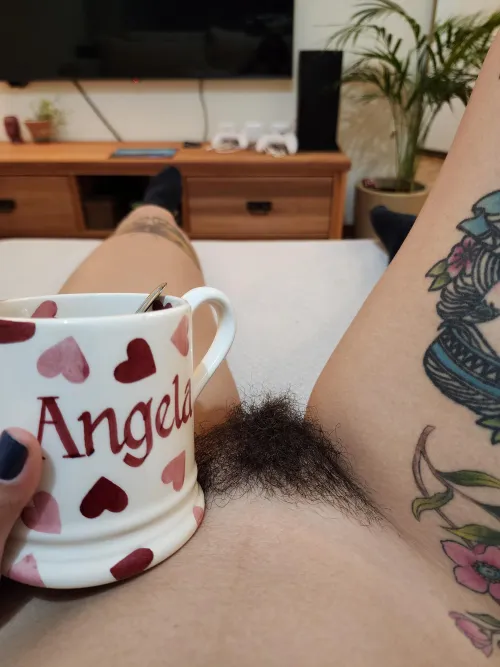 A coffee and a hairy pussy is all you need for today by hairyangela