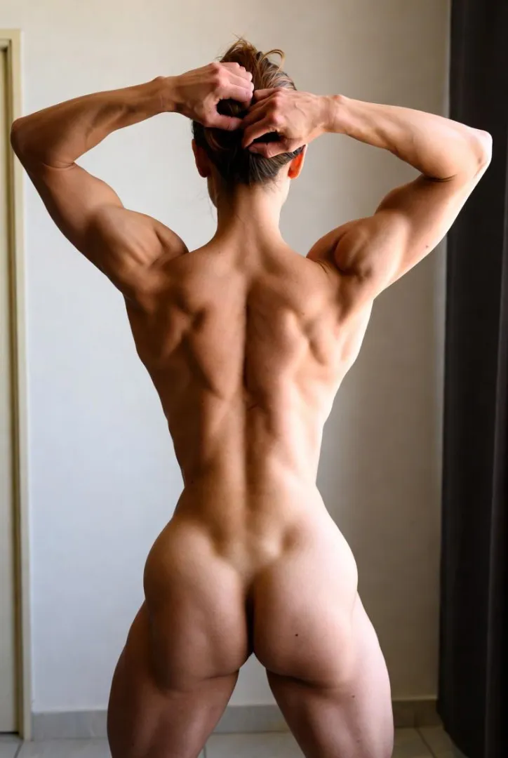 A female bodybuilder poses in a room, emphasizing her muscular physique in a natural light setting. posted by Broad_Ostrich_5445