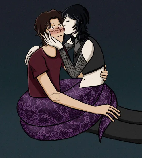 A gentle lamia giving her human a kiss by xchelqii