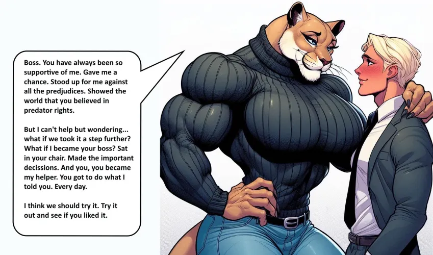 A Step Further [lioness on man, office romance, femdom powerplay, sweater babe, muscle lioness, AI generated] by AugustRenfelt