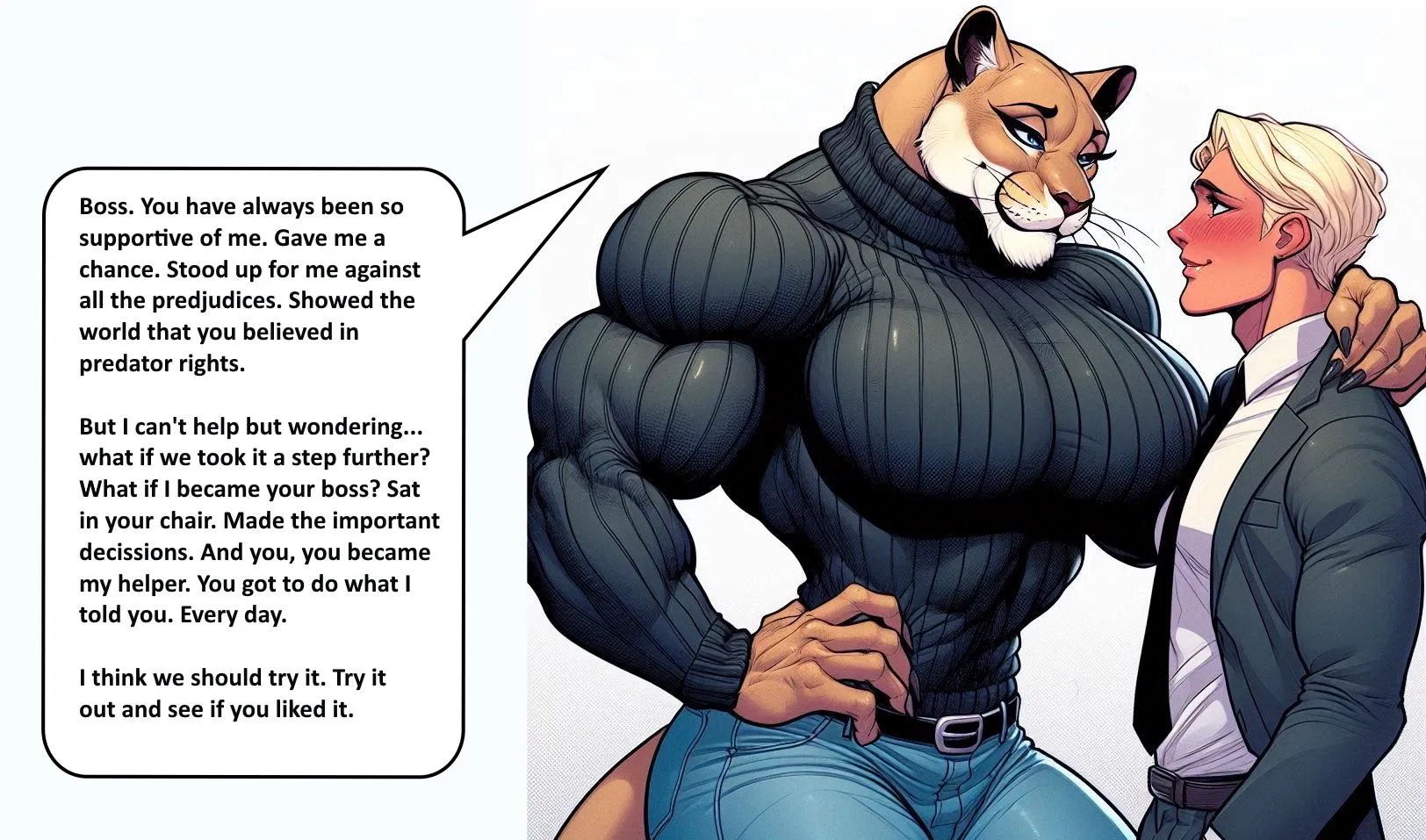 A Step Further [lioness on man, office romance, femdom powerplay, sweater babe, muscle lioness, AI generated] posted by AugustRenfelt
