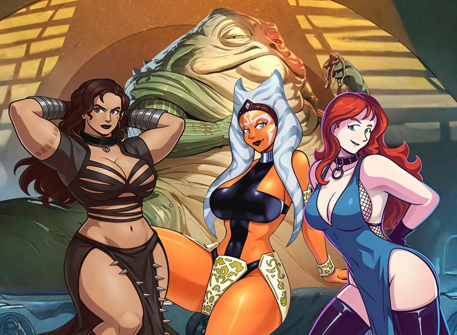 Ahsoka, Cara Dune & Mara Jade enslaved by Jabba the Hutt (Art by Blazbaros) posted by Captain_DC_26