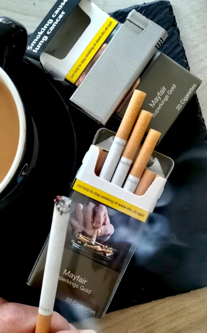 Another fresh pack Mayfair Superkings gold. Morning smoke before work have a good day all  posted by neighboy28