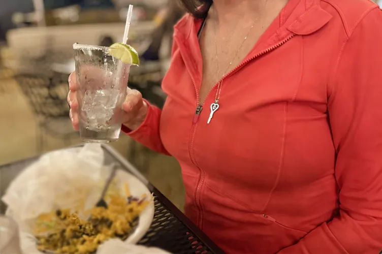 At dinner with my Tall-but-tiny hubby - hoping someone will ask me about my key so I can let them know what it's for... and why!  by tallbuttiny