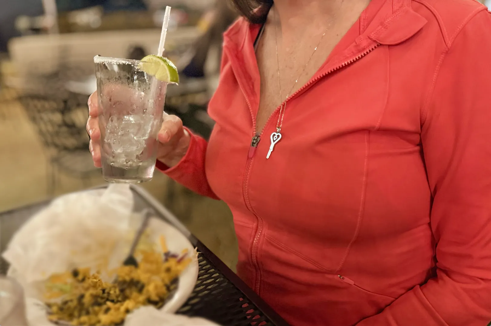 At dinner with my Tall-but-tiny hubby - hoping someone will ask me about my key so I can let them know what it's for... and why!  posted by tallbuttiny