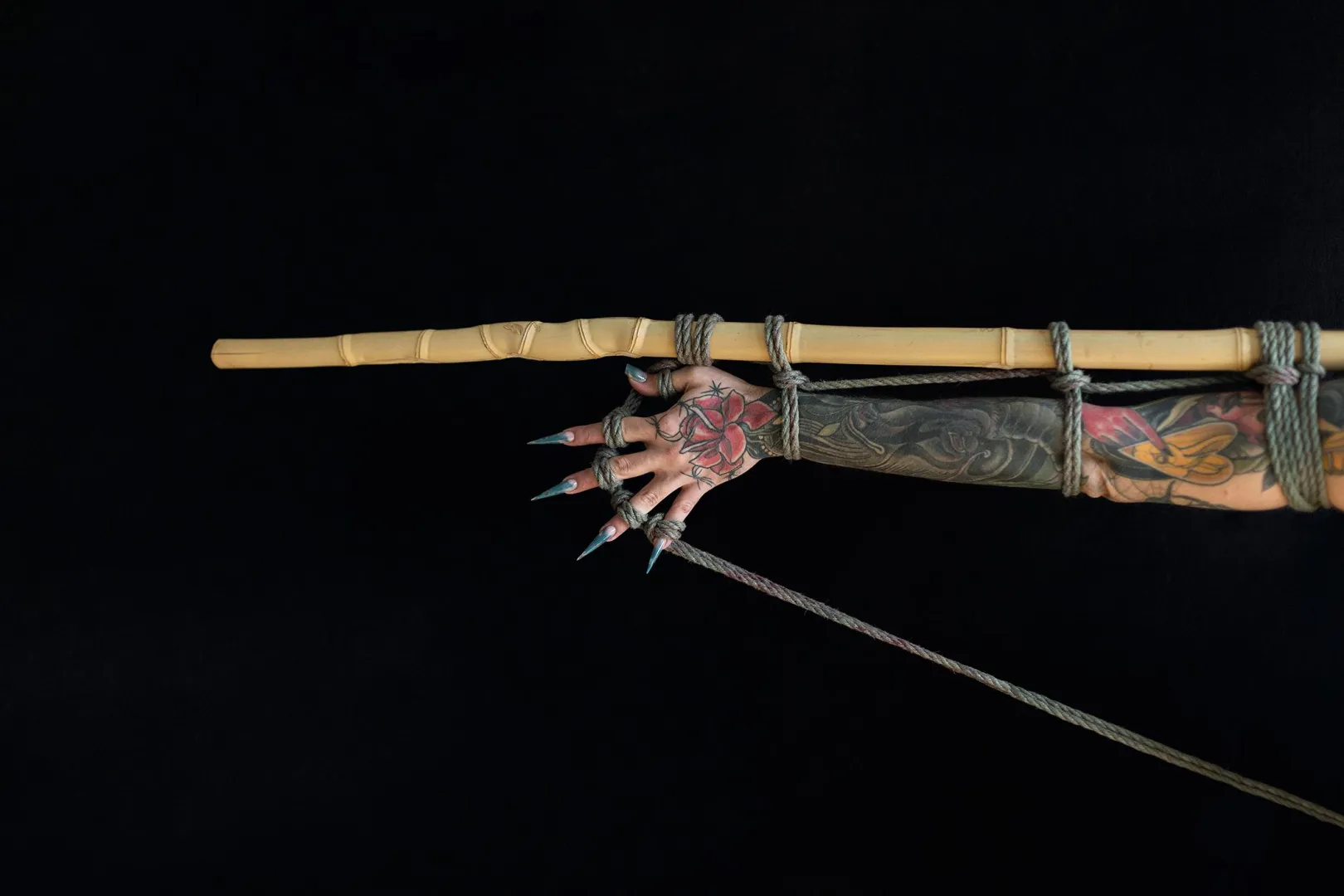 Bamboo Hand Tension - self-tied shibari, self photographed, with ogawa jute posted by EntertainerOverall36