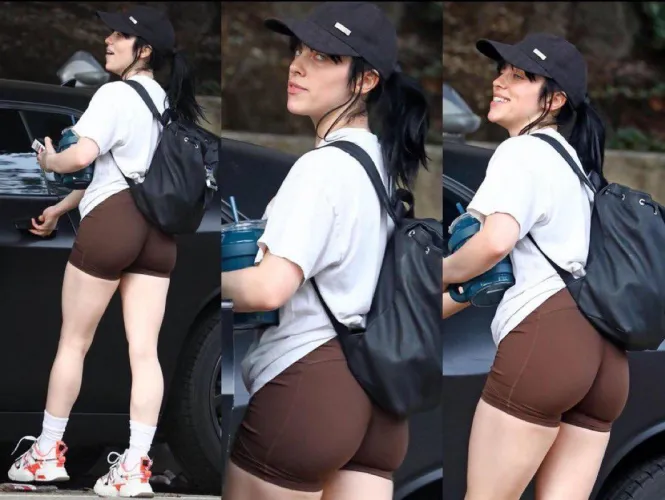 Billie rocks an X-rated illusion t-shirt and brown spandex shorts to the gym in Los Angeles - January 2023 by trixotica