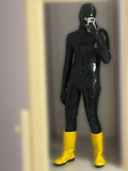 Black catsuit, hood, gloves, boots, very submissive by rubberxx00