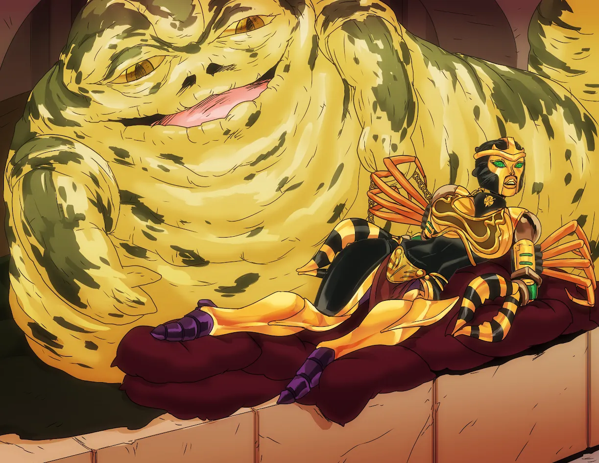 Blackarachnia as Jabba the Hutt's slavegirl (commissioned by me! Art by WadeVezecha) posted by Expert-Ad-2253