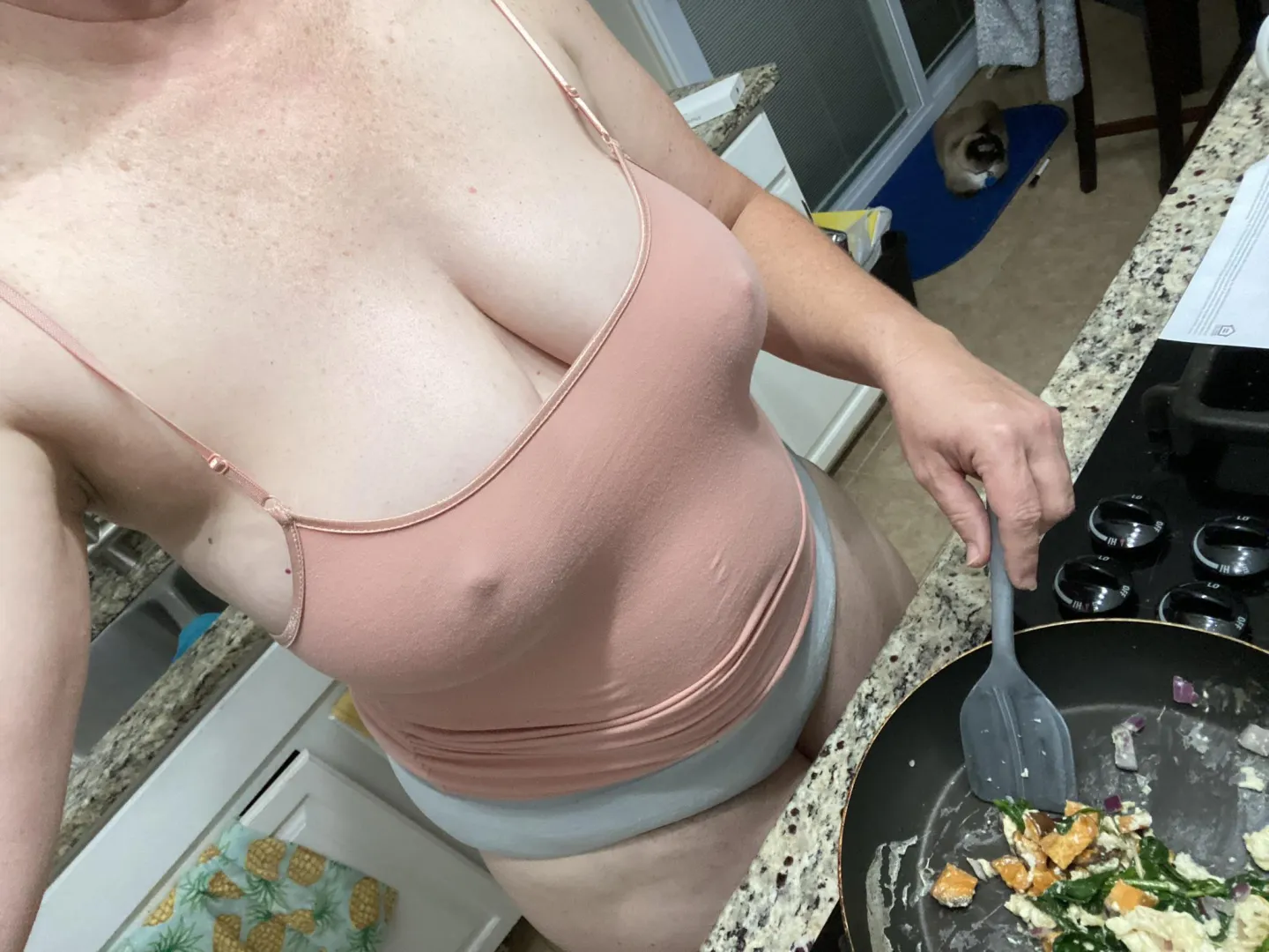 Braless selfie while doing meal prep. posted by Frisky_Vanilla