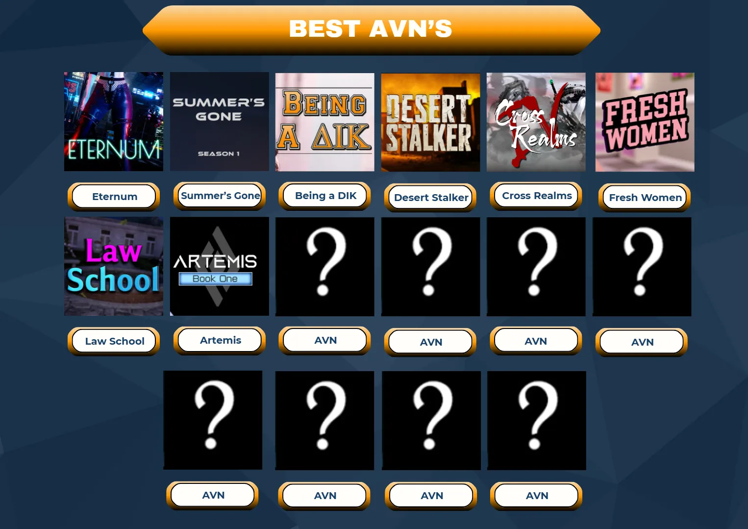 Brothers, who do y'all think deserves to Fill the 8 Placements for the BEST AVN's? and do y'all agree with the first 8 AVN's? or is there something that I should remove from the list? posted by Khei-tianik01