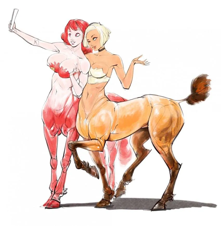centaur girls taking a selfie (and getting a bit handsy) posted by Dangerous-Ruins