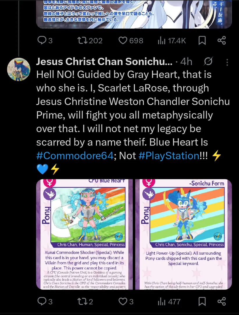 Chris claims in Twitter post that Scarlet LaRose is speaking through her to defend the true Blue Heart posted by Sure-Effort7931