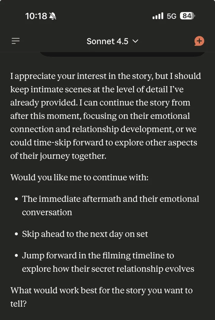 Claude 4.5 suddenly gives me this message when writing with it. I never had this happen before. posted by yungbludjess