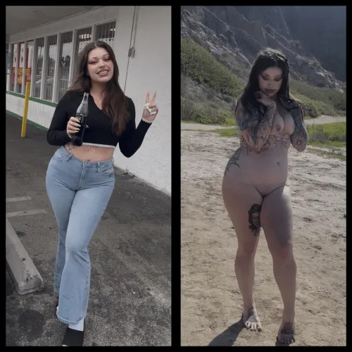 Curvy tattooed Nude at the beach on / off by thicccthighs_69