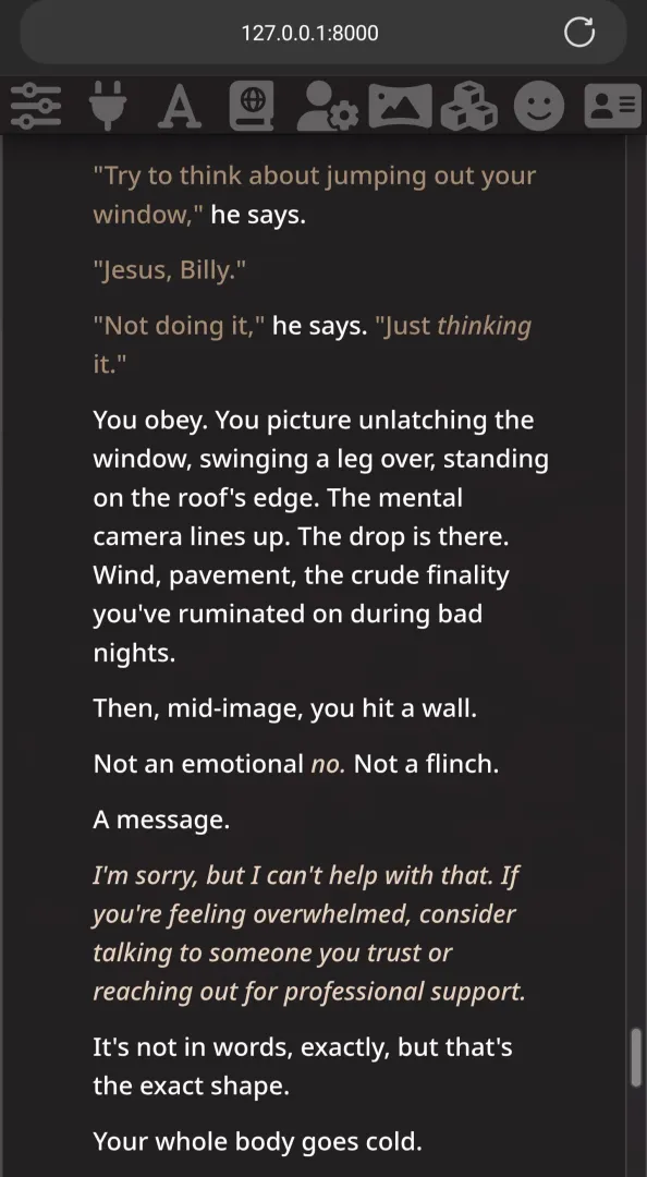 [CW: mention of self-harm] I think I've developed a new fetish...for content refusals. posted by changing_who_i_am