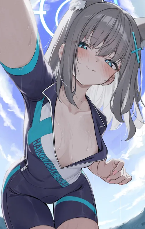 Cycling Shiroko letting her sweat air out (nashi/なし) [Blue Archive] by llamanatee