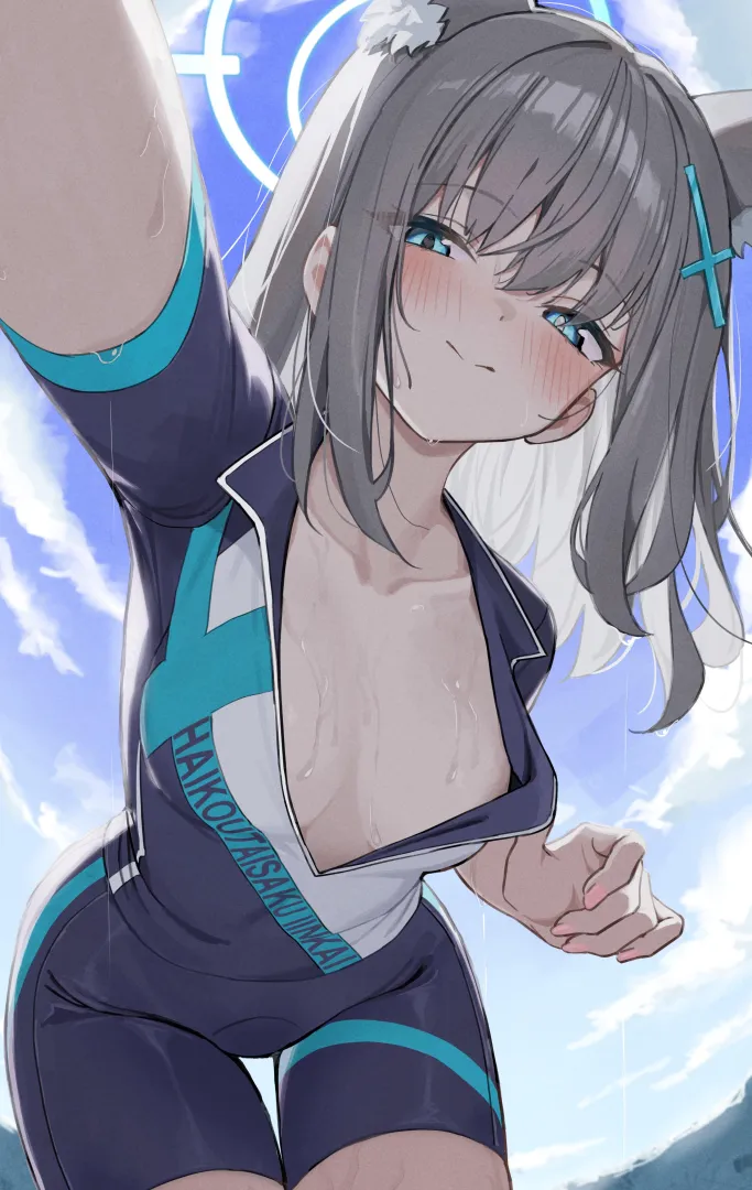 Cycling Shiroko letting her sweat air out (nashi/なし) [Blue Archive] posted by llamanatee
