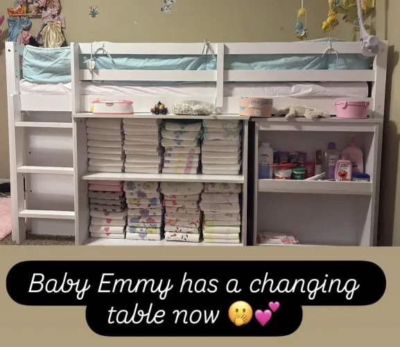 Daddy and I spent all day putting it together but it was so worth it and looks so cute by the end ow I just gotta finish cleaning up and organizing things on it  by Emmyindipees