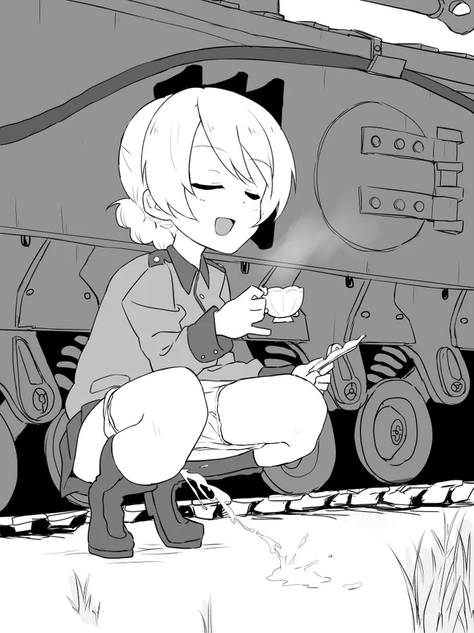Darjeeling squatting peeing let to her tank while having a nice tea posted by Past_Ad3075