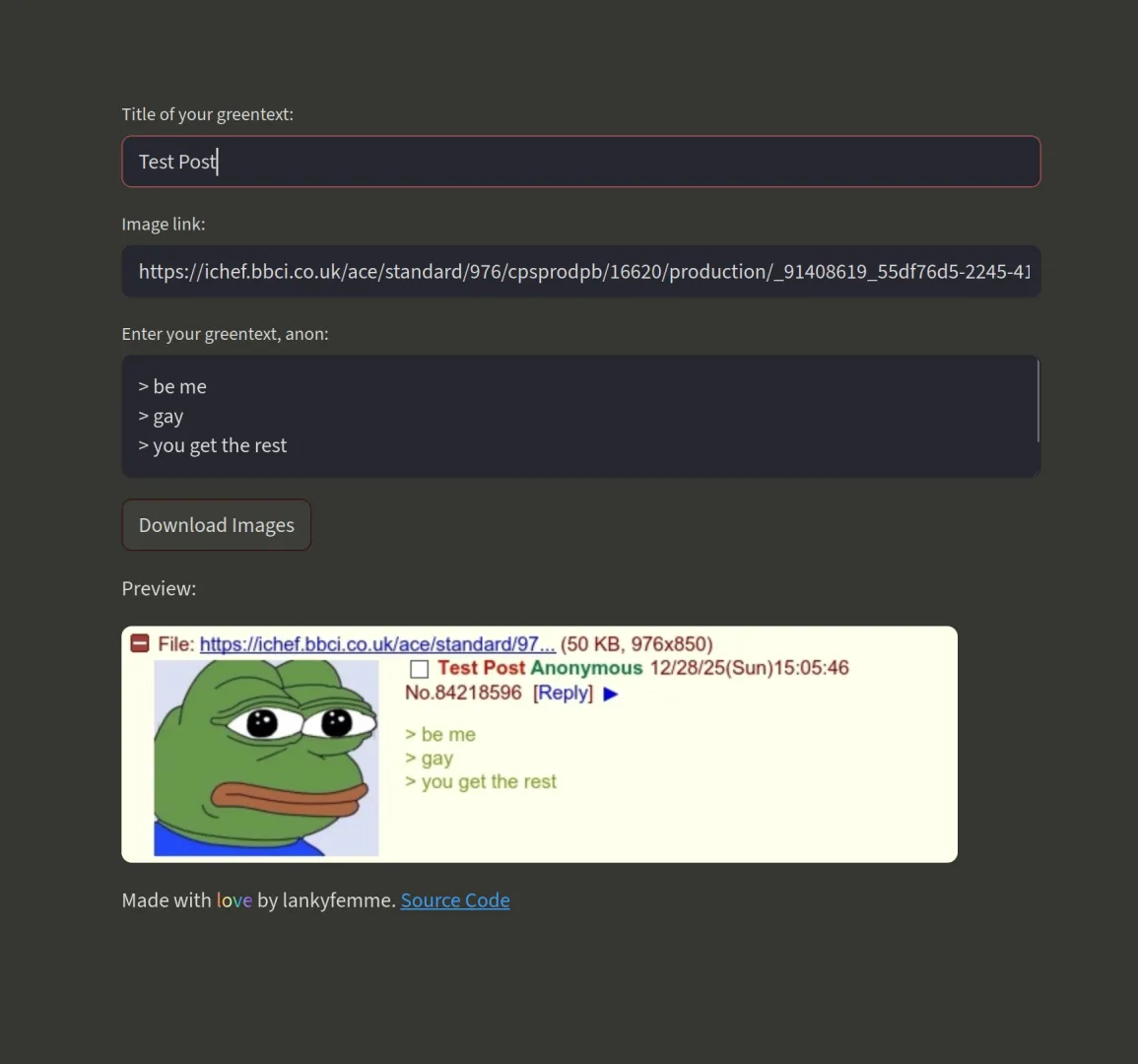 Fake 4chan Post Generator posted by lankyfemme