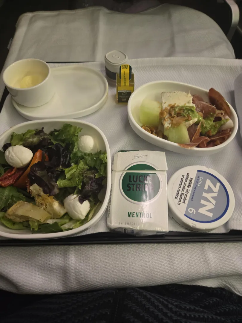 First course on a flight to Ireland. Zyns for the flight. Luckies for the landing. posted by StoopSign