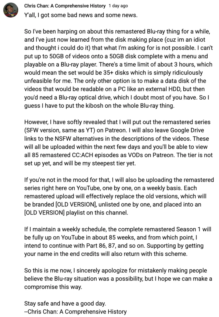 Geno Cancels CC:ACH Blu-ray; Promises to Begin Uploading Jail Saga Episodes After Remastered Series Is Fully Uploaded posted by noob_bitch