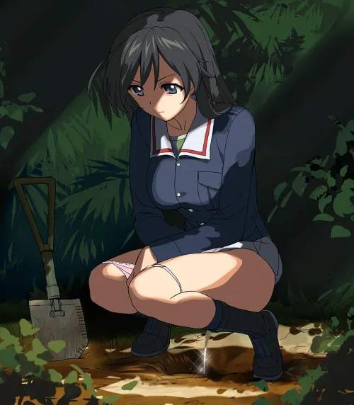 Girls und panzer Hana Isuzu peeing in a hole she dug behind the bushes by Past_Ad3075