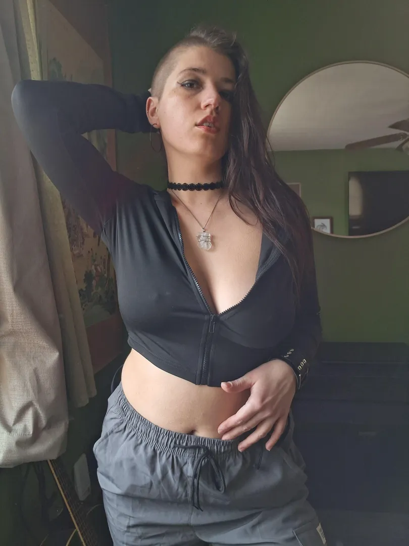 Grey sweatpants and a half-zipped sweatshirt posted by inked_emma_honey
