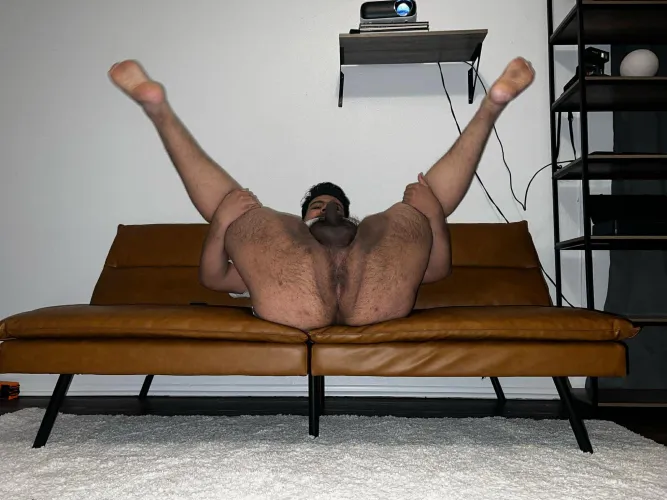 Hairy hole exposed, legs wide open. Breed me or just watch? Your call.  by submissiveboy0401