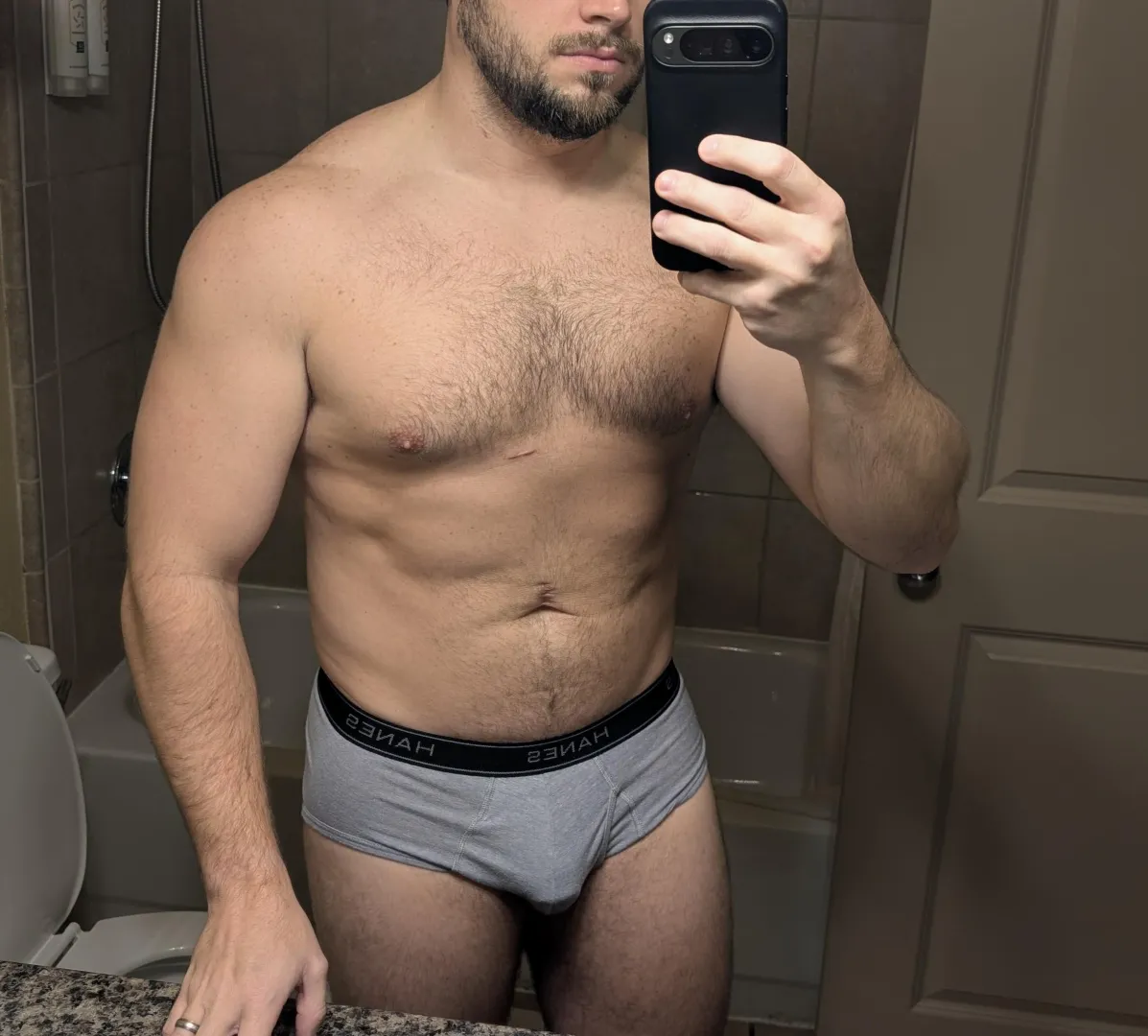 Hanes in a hotel bathroom posted by Dense-Dimension-9291