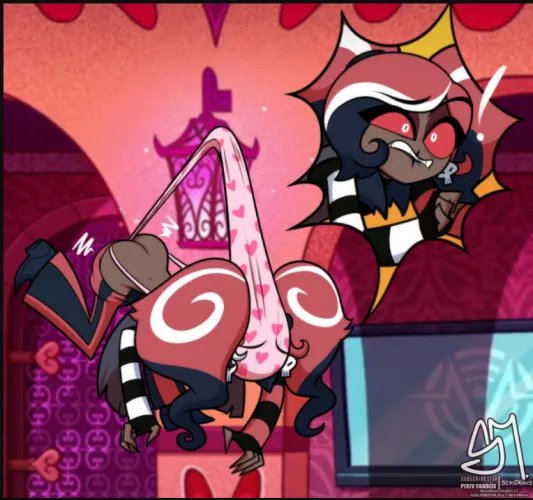 hazbin hotel veveltte trapped in some kind of wedgie hanging with her dark butt exposed possibly it was rosie or carmilla who do you think it was by Fair_Championship471