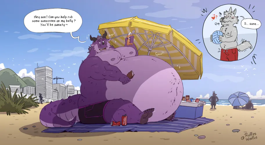 He has such a big and heavy gut that he can't put sunscreen all over his body, luckily a little guy came by ️ (@Ruffus_Woofus) by Sonic_the_hedgedog