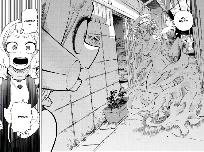 Himiko Toga in the middle of the street with her huge butt naked in view of Ochako while Ochako looks at her surprised real panel from the manga chapter number 288 of My Hero Academia posted by Fair_Championship471