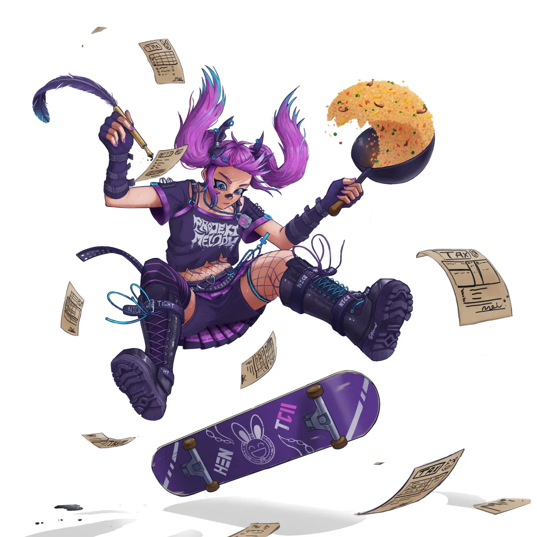 I drew projekt melody doing her taxes and cooking fried rice while doing a sick kickflip. posted by Cautious_Badger1089