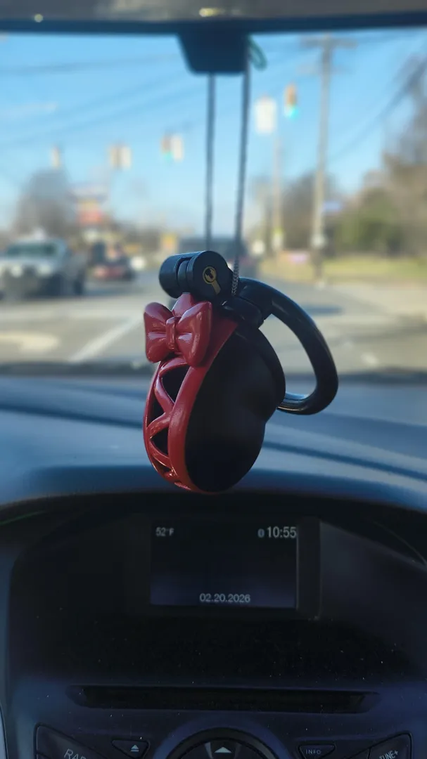 I keep a spare cage hanging from the review mirror........ posted by LifeInChastity