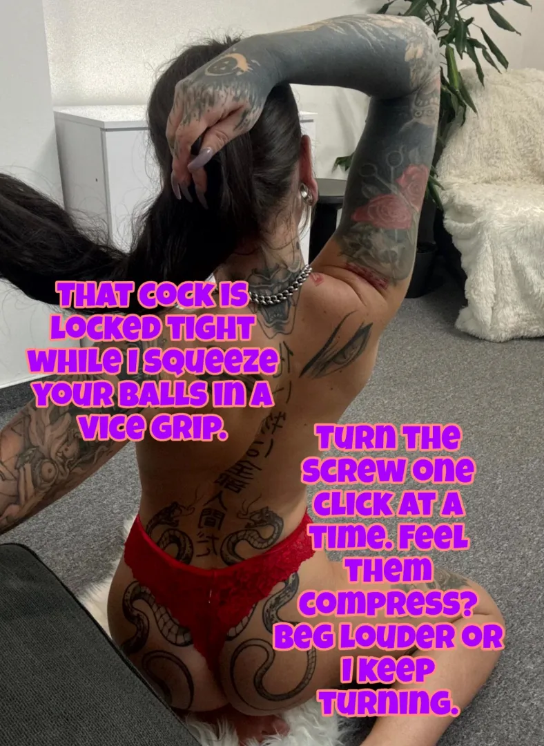 I squeeze your balls in a vice grip! Beg now! [no imagefap] posted by cuteMerry