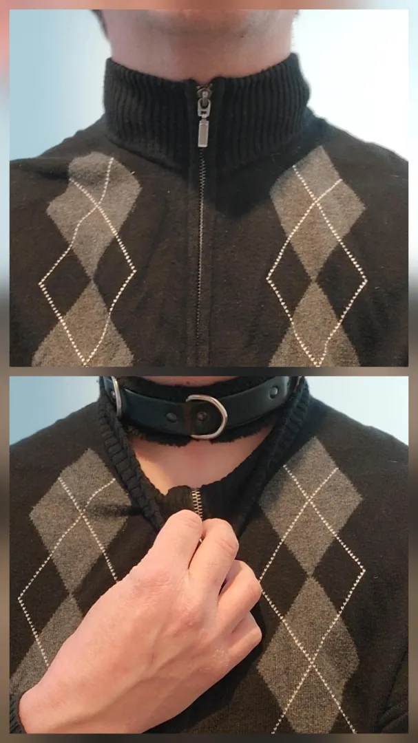 I wore my collar outside yesterday, hidden under my sweater. posted by KinkyTrouble26